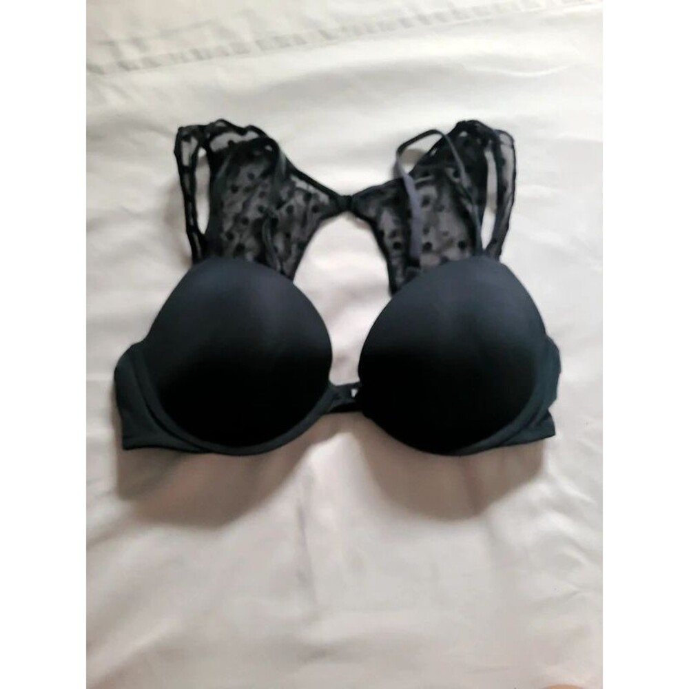 Victoria's Secret Black Mesh Polka Dot Padded Plunge Bra 36C